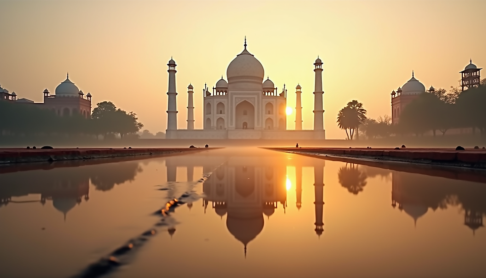 Eye-level view of the Taj Mahal reflecting in the water at sunrise