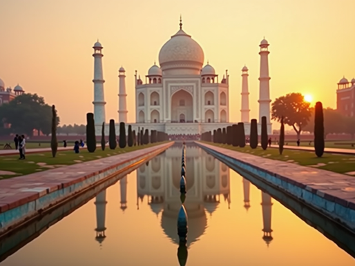 The Taj Mahal reflecting in the water at sunrise