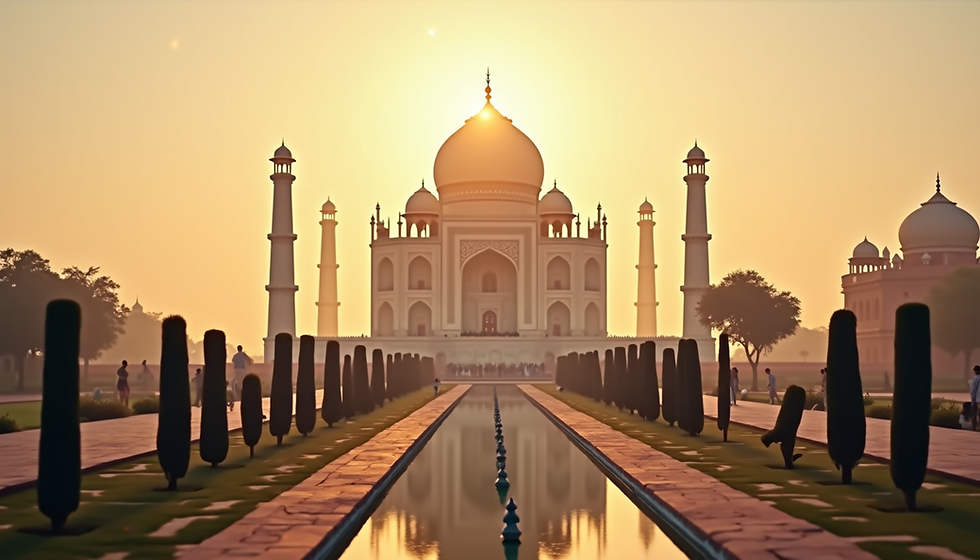 Wide angle view of the Taj Mahal glowing in the early morning light