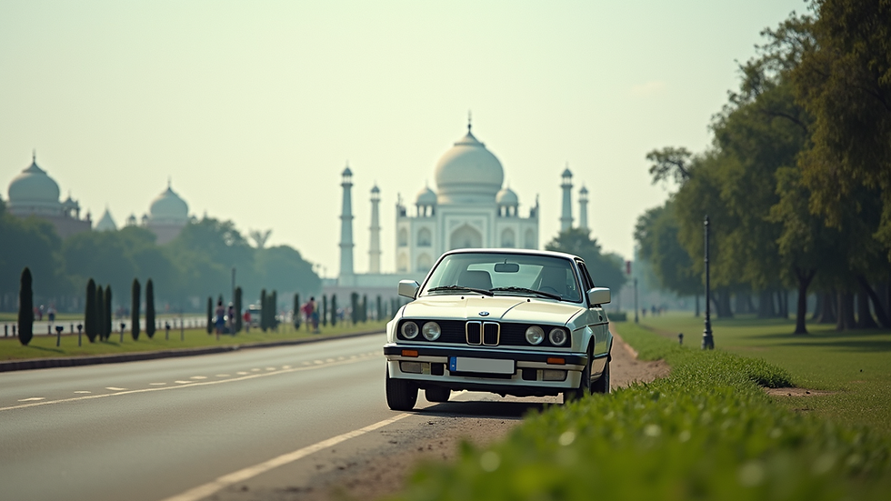 Eye-level view of a white car parked near a green roadside with the Taj Mahal in the distance