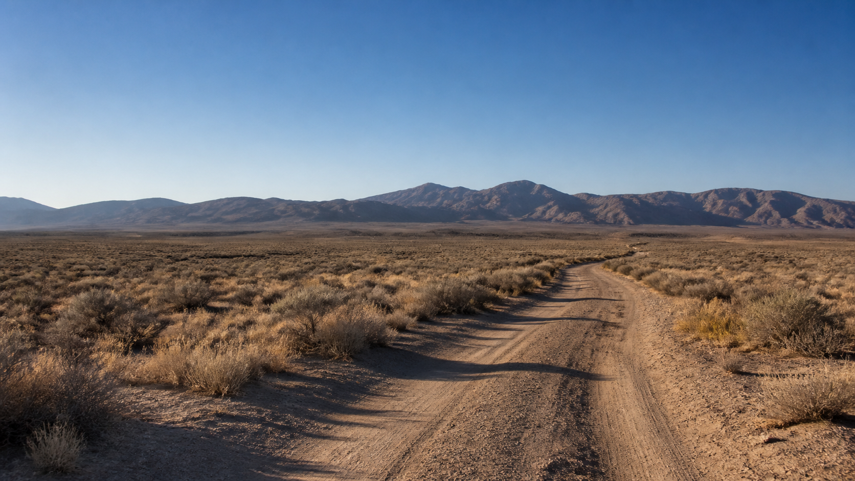 Open Antelope Valley high-desert land with a dirt access road and mountains in the distance