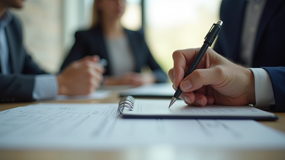 Eye-level view of a real estate agent taking notes during a client meeting
