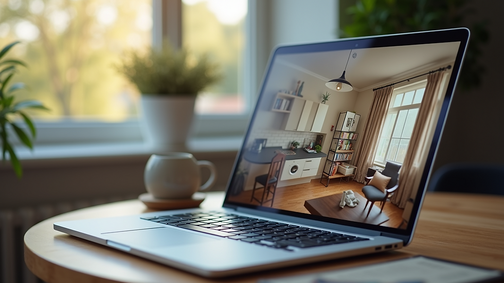 Close-up view of a laptop screen showing a virtual home tour