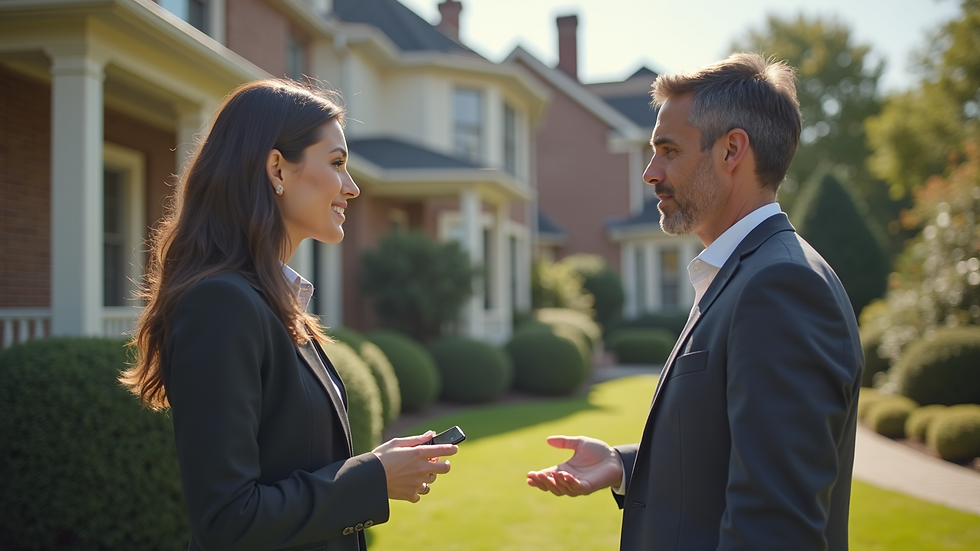 Wide angle view of a real estate agent showing a property to a client in Lancaster