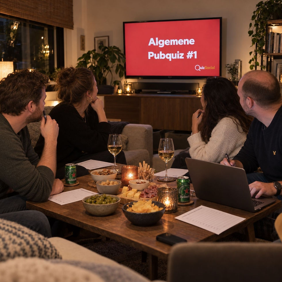 Vier vrienden spelen thuis een QuizSocial pubquiz tijdens een gezellige borrelavond.