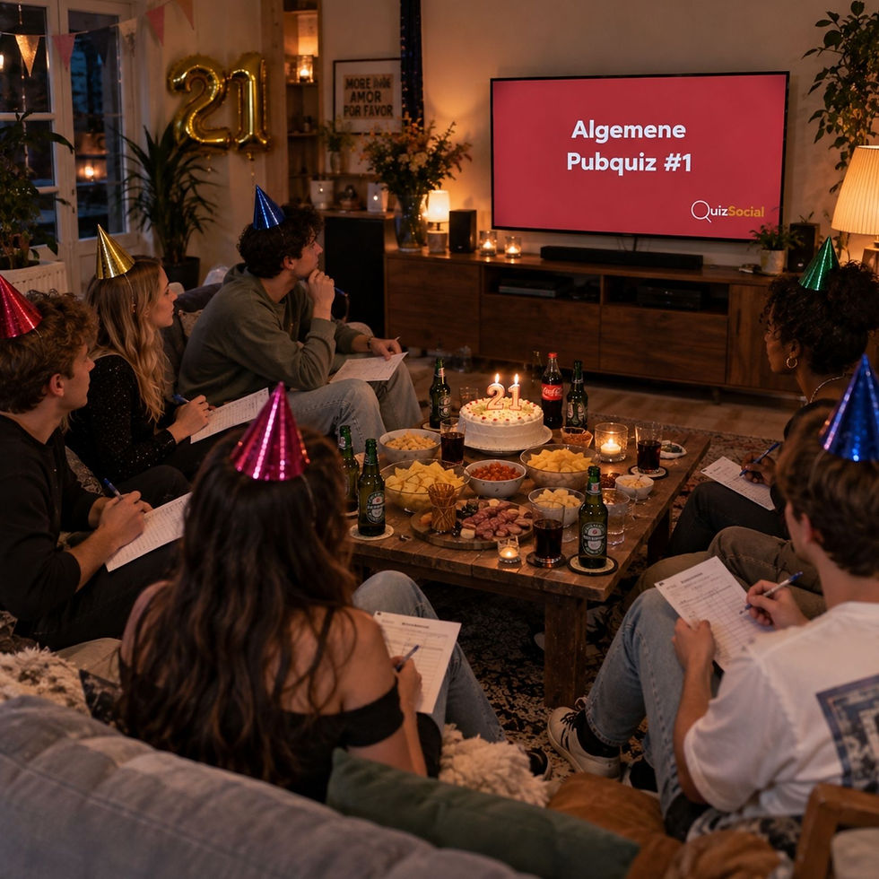 Jongeren spelen samen een QuizSocial pubquiz tijdens een verjaardag thuis