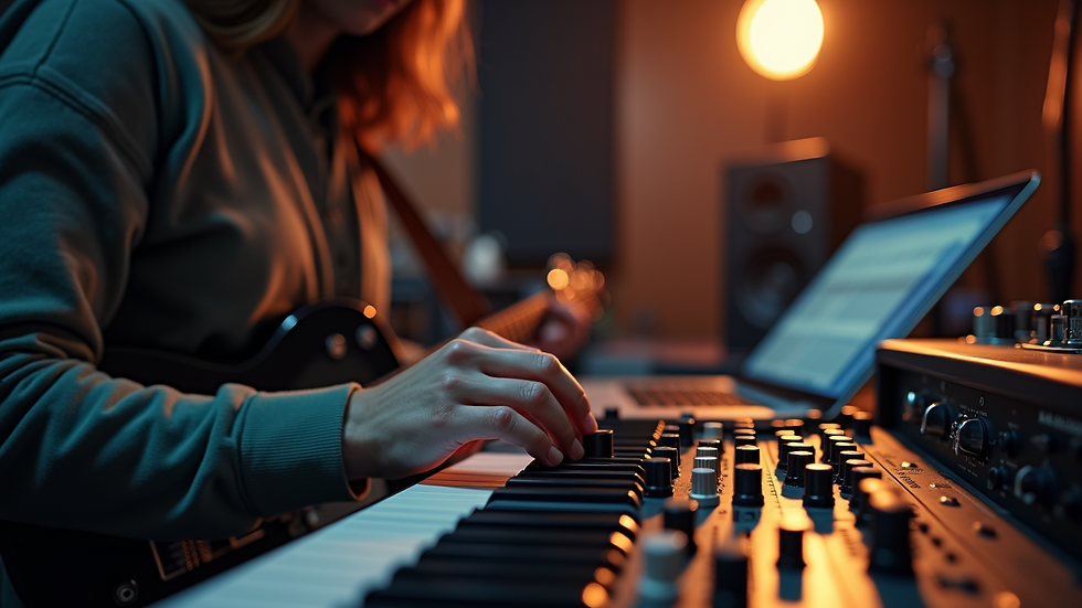 Close-up view of a musician adjusting audio equipment in a studio