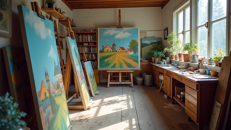 Eye-level view of an artist's studio filled with colorful paintings