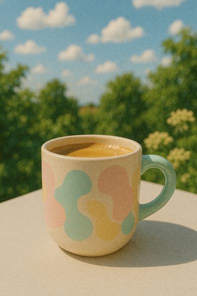a mug of coffee on a table outside in the sunshine