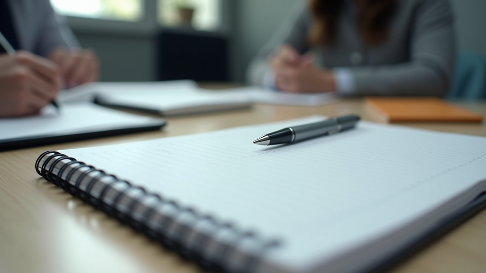 Close-up view of a notebook and pen on a desk during a training session