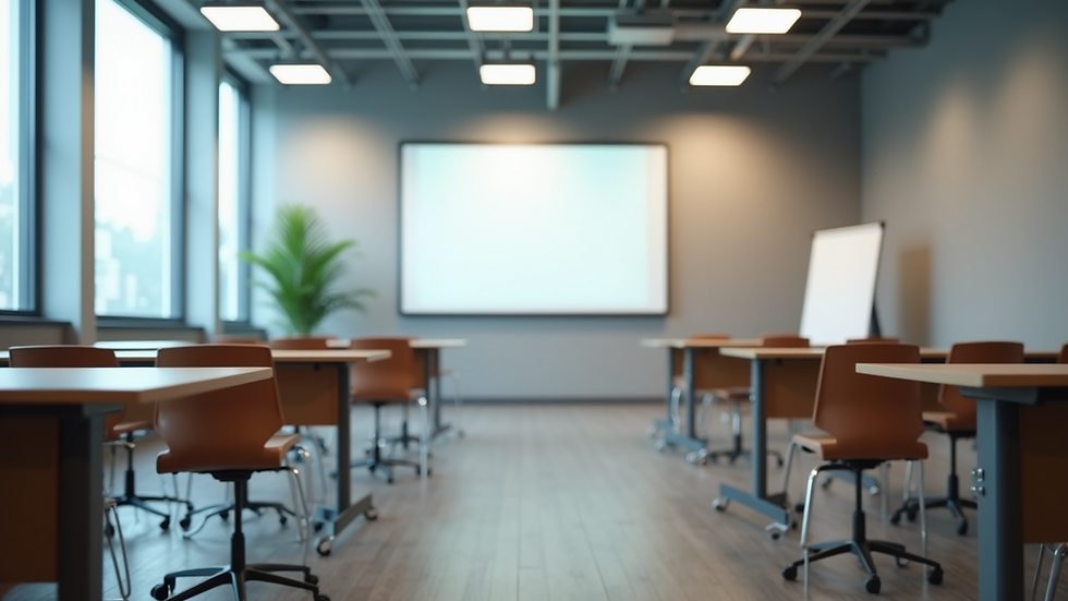 Eye-level view of a modern training room with desks and a whiteboard