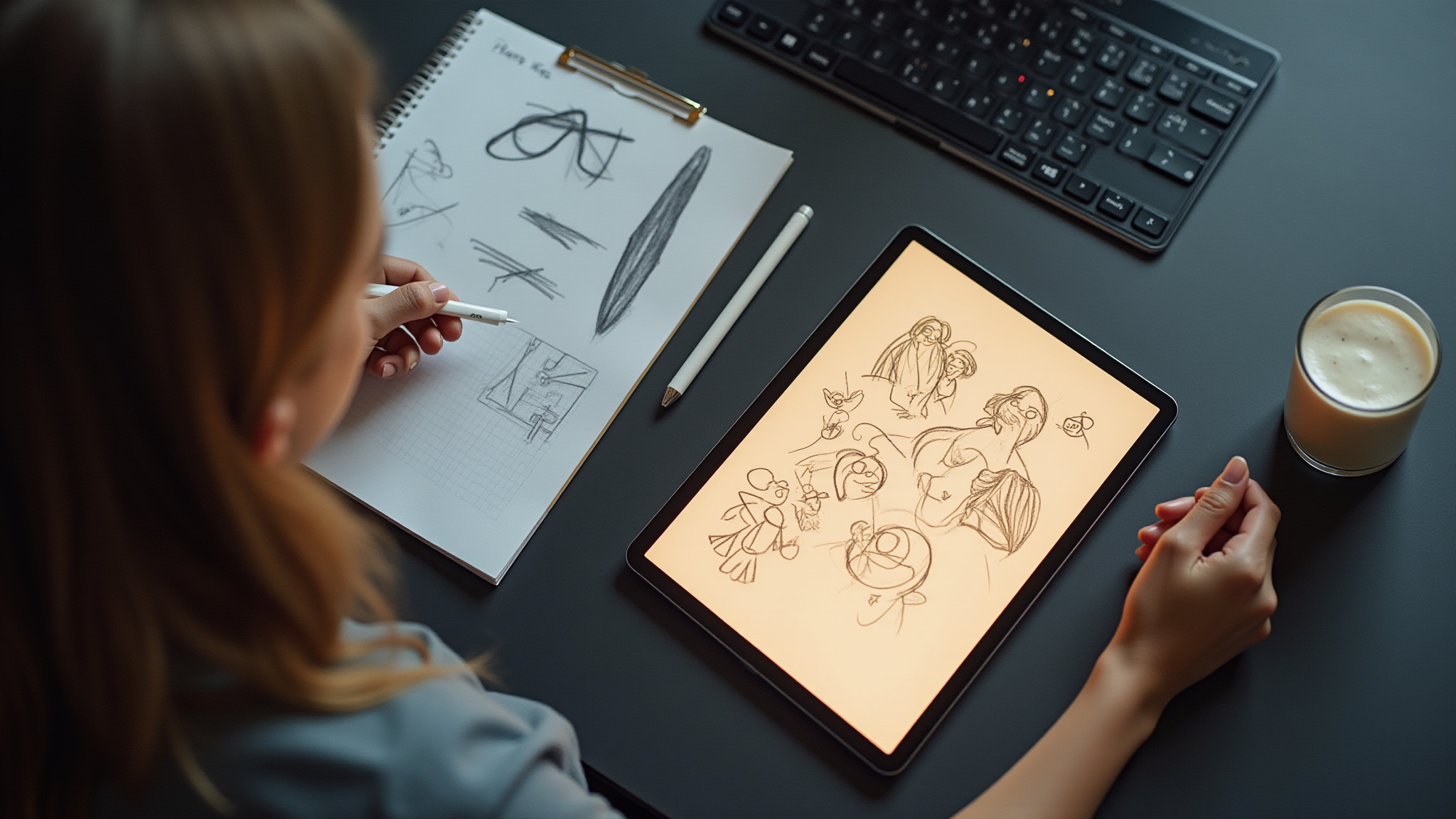 デザイナーがタブレットでデザインスケッチをしている