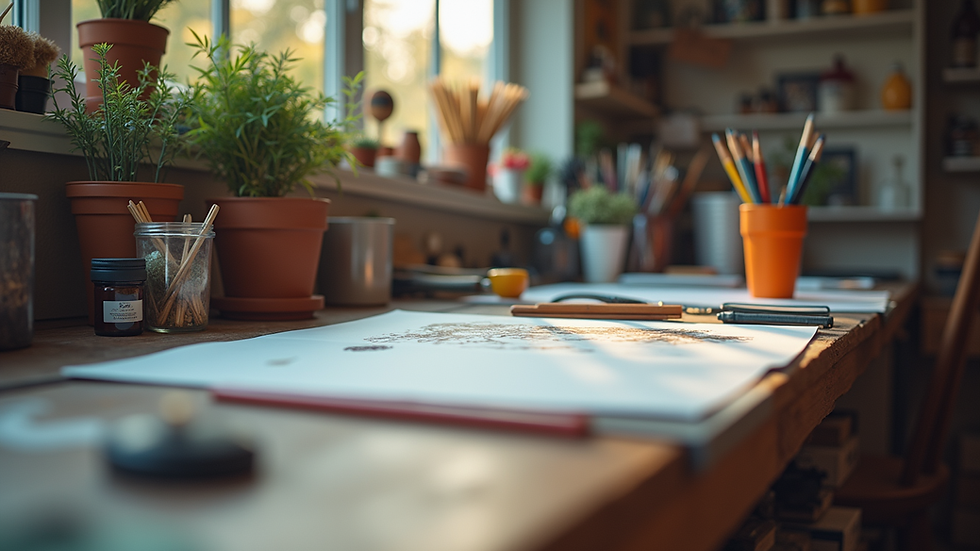 Eye-level view of a creative workspace filled with art supplies and tools