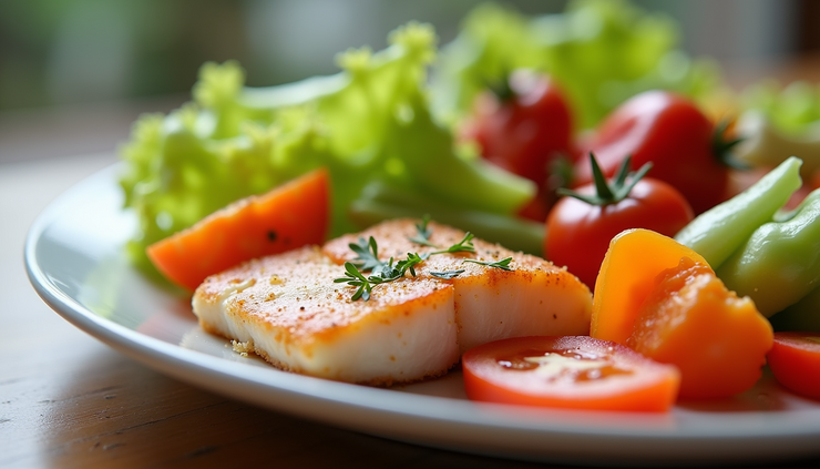 Nærbilde av fargerik middag med grønnsaker og fisk på barnas tallerken