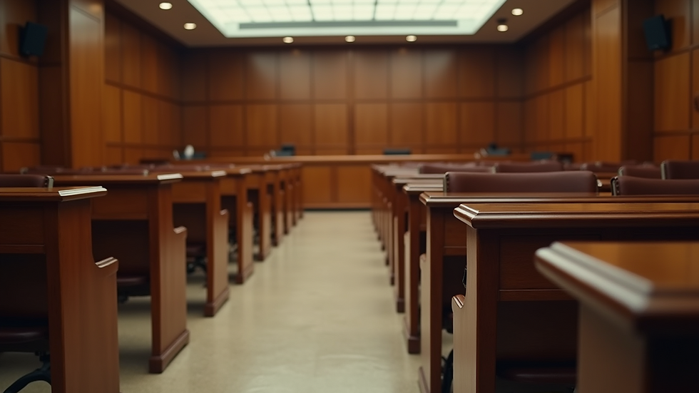 Eye-level view of a courtroom with empty benches
