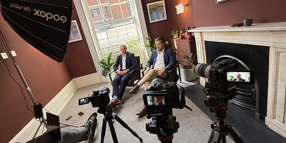 Corporate video production filming a two-person interview in central London with professional camera and lighting setup