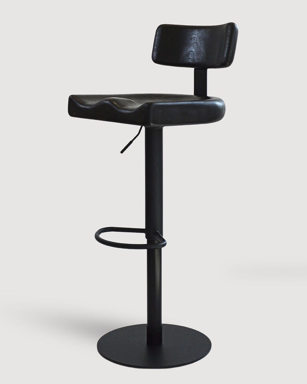 Miniaturbild: Seitenansicht, Moderner Barhocker in Schwarz aus Holz und Metall, mit Lehne, drehbar und höhenverstellbar, handgearbeitet