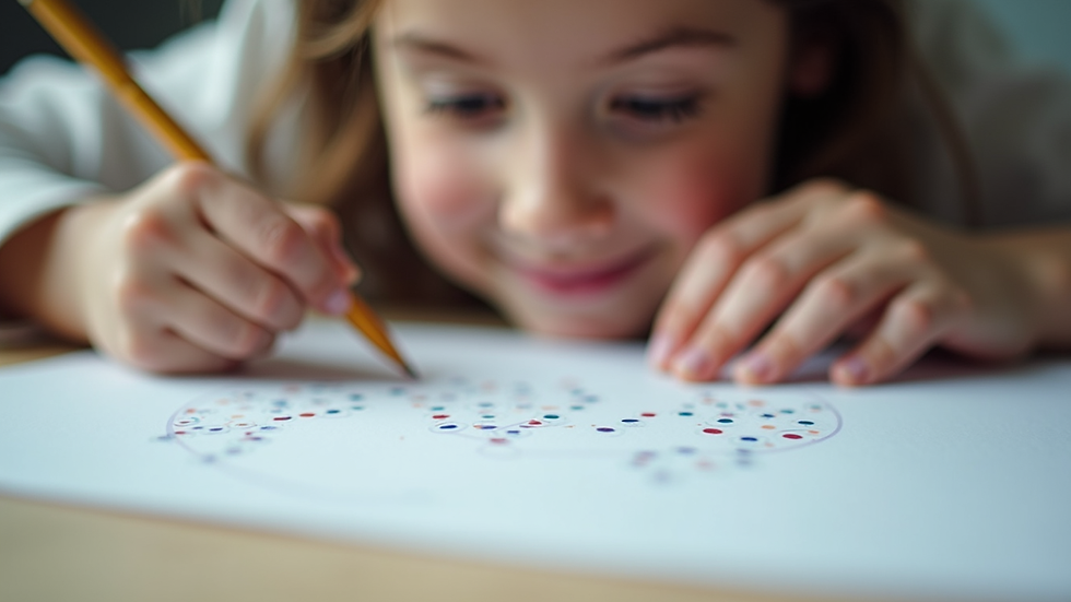 Close-up view of a child comparing two groups of dots on paper