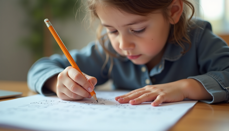 Eye-level view of a child working on a math worksheet with a pencil
