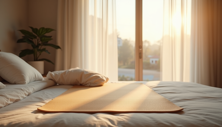 Eye-level view of a cozy bedroom with soft morning light and a yoga mat laid out near the window