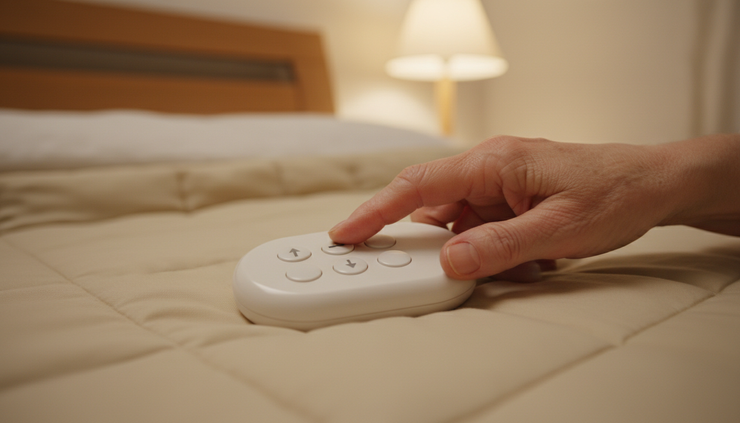 Close-up view of a hand using a simple bed remote beside a care bed.