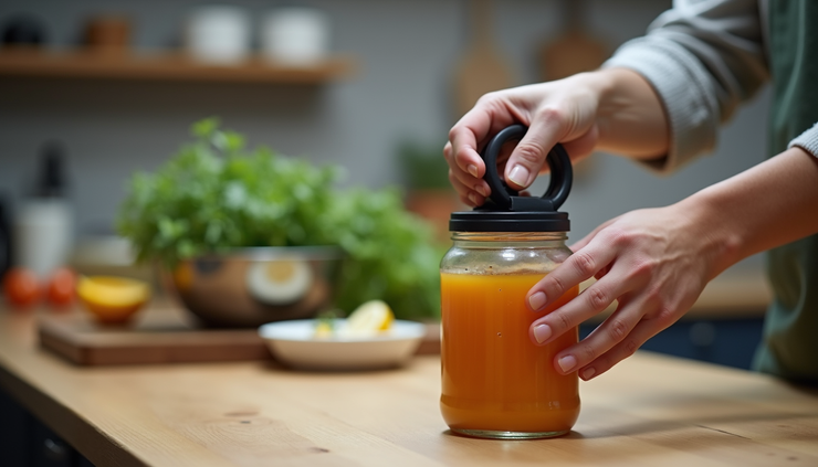 Eye-level view of a person using an ergonomic jar opener in a kitchen