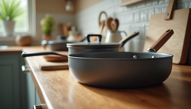 High angle view of ergonomic kitchen tools and joint-friendly cookware on a kitchen counter