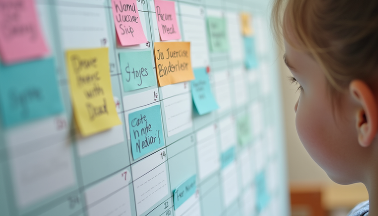 Close-up of a colorful calendar with exercise and medication reminders for a child with juvenile arthritis
