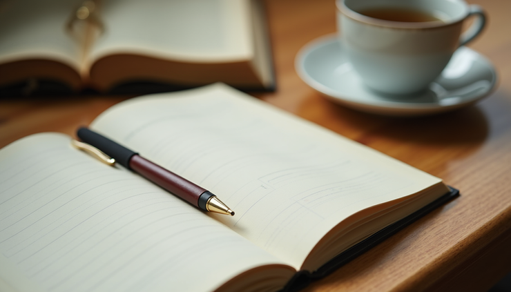 Close-up view of a journal and pen on a wooden table with a cup of herbal tea