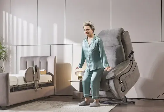 Power lift recliner assisting an older adult standing