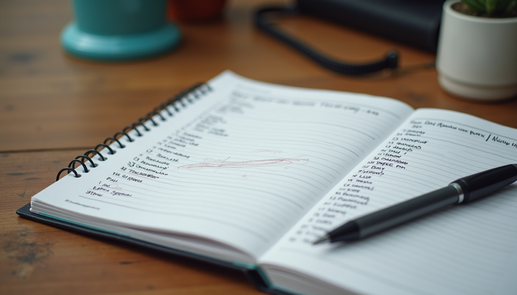 Close-up view of a notebook with a workout journal entry and a pen on a wooden table