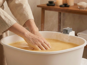 woman submerging her hands into a paraffin wax bath