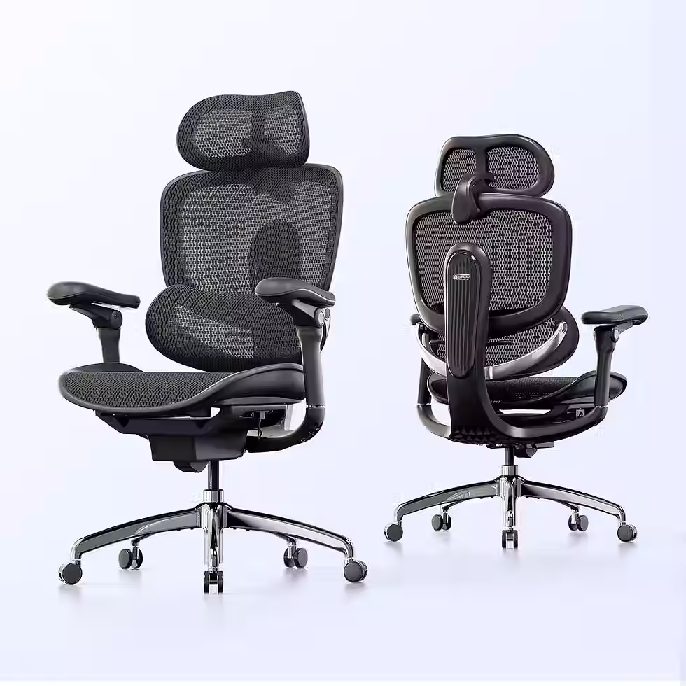 Two ergonomic mesh office chairs with adjustable features.