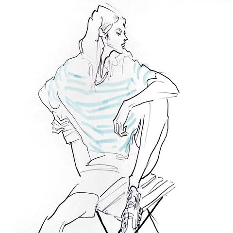 5分クロッキーで描いた人物スケッチ。短時間デッサンならではの勢いと、感覚的で美しい線が特徴。ライブ感のあるアート表現で、クロッキー練習やデッサン学習にも最適。