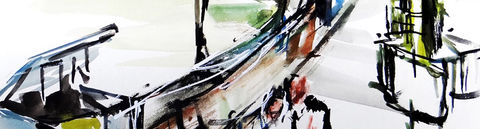 水彩画で描かれた公園の池沿いを歩く二人の風景。穏やかで癒される自然の景色が印象的で、散歩やアウトドア気分を感じられるアート作品。