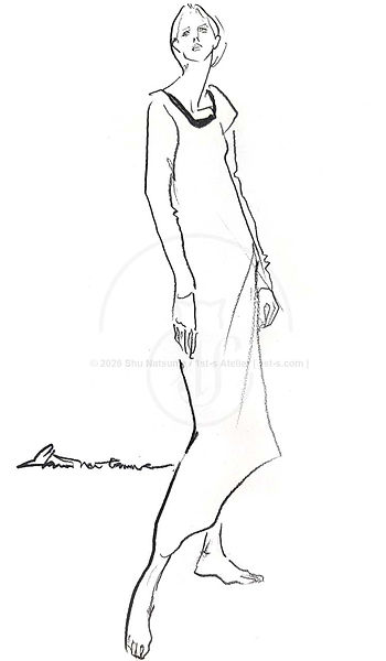 Mode Croquis: A woman in a simple, high-necked black long dress. A minimalist work capturing fluid, supple curves and the beauty of negative space. Created by Shu Natsume.