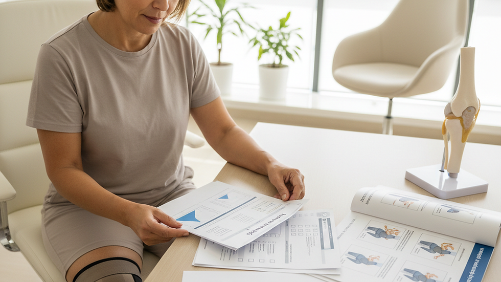 Paciente revisa documentos clínicos y una lista de preparación.