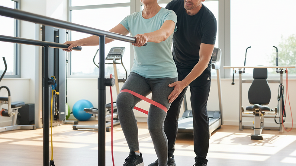 Paciente realiza rehabilitación guiada en un gimnasio terapéutico.