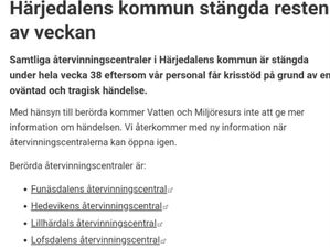 Obs! Återvinningscentralerna stängda resten av veckan!