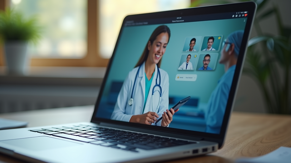 Close-up view of a laptop screen showing a telemedicine consultation interface