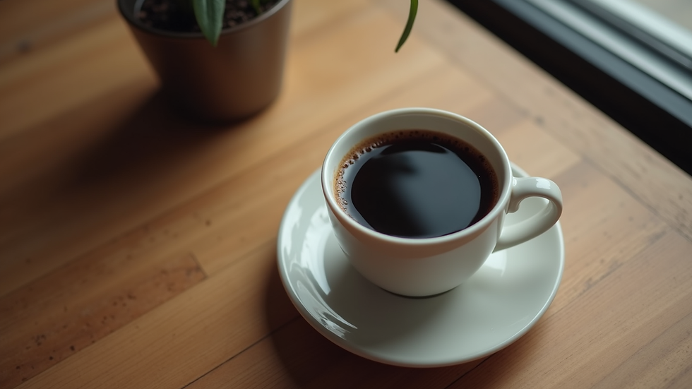 Close-up view of a cup of black coffee on a wooden table