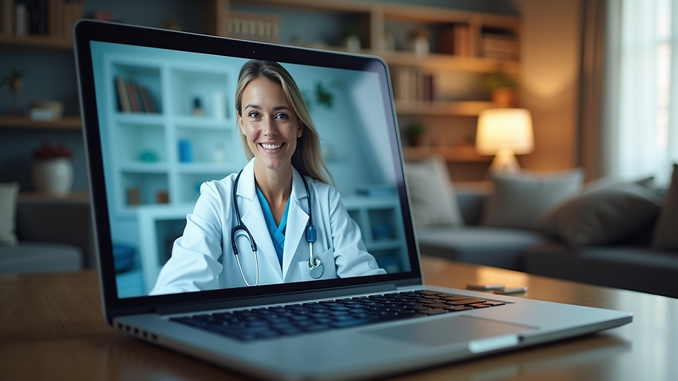 Eye-level view of a laptop showing a telemedicine consultation interface