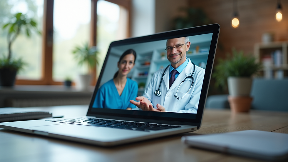 Eye-level view of a laptop showing a telemedicine consultation interface