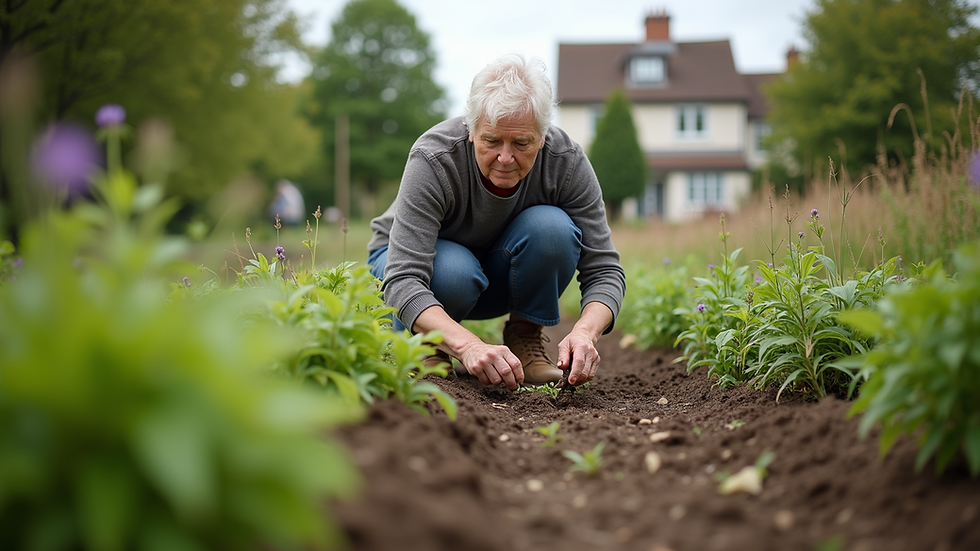 Eye-level view of a retired individual engaging in a community gardening project