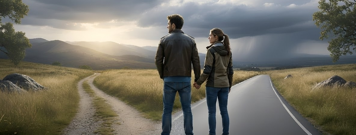 Muž a žena na rozcestí - symbolizuje volbu zvolené cesty