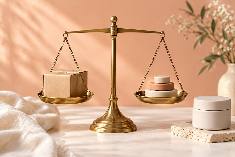 A small parcel and an unbranded product arranged beside a balance scale on an ivory and peach surface.