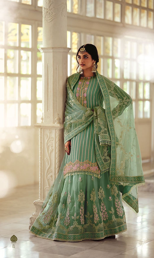 Pistachio Green Heavy Embroidered Sharara Pakistani Suit for Weddings | TST | The Silk Trend - IN Pistachio Green Heavy Embroidered Sharara Pakistani Suit for Weddings | TST | The Silk Trend - IN