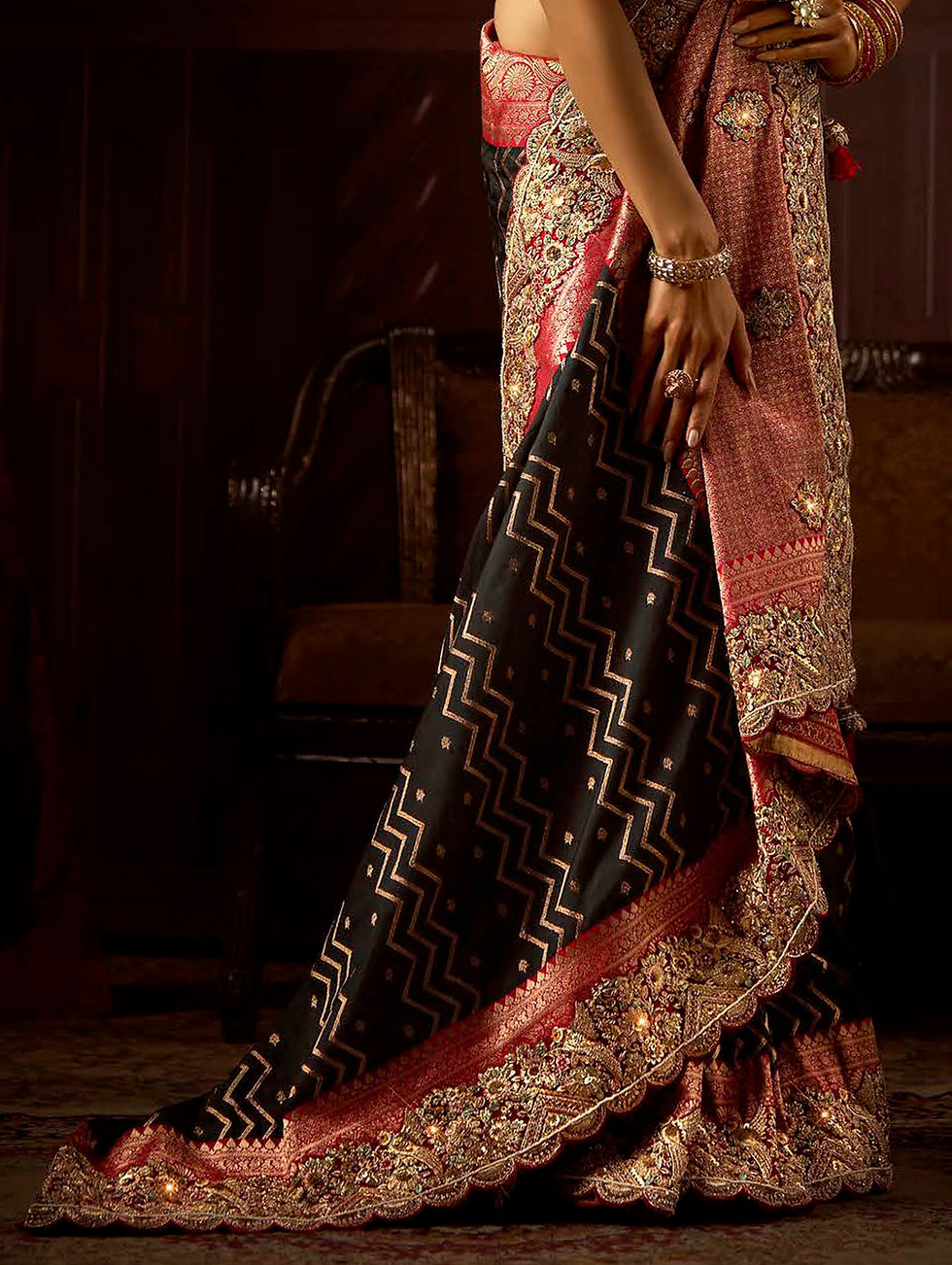 Thumbnail: Black Designer Sari, Bridal Sarees, Party Wear, Banarasi Saree, Net, Lehenga, Printed, Half Sarees, Chikankari, Georgette,