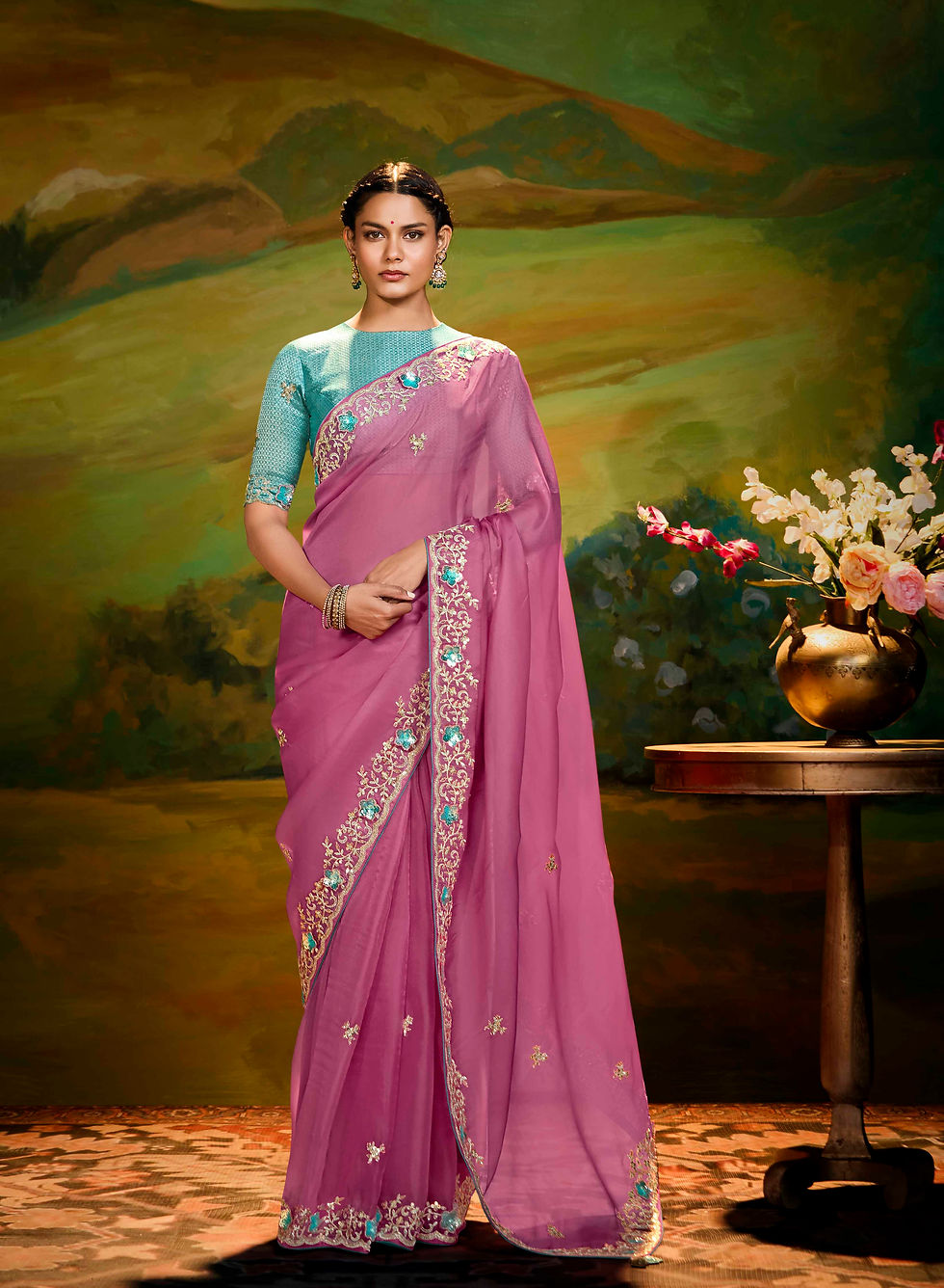 Thumbnail: Carmine Pink Embellished Organza Silk Saree with Lovely Blouse | TST