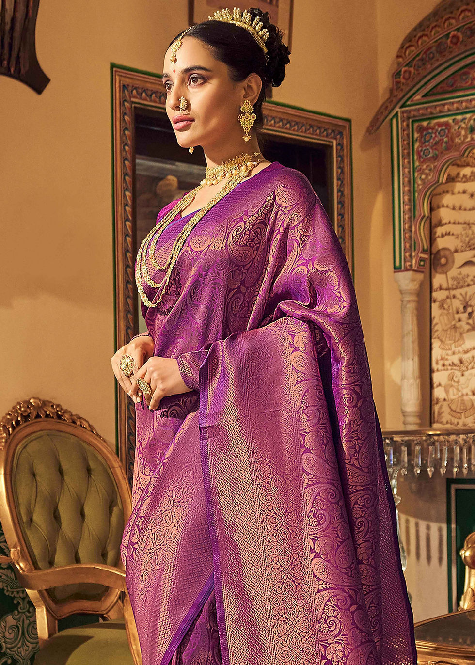Thumbnail: Purple Designer Saree For Women, Bridal Saree, Sarees For Wedding Reception, Banarasi Kashmiri Saree, Silk Sarees, Pethan